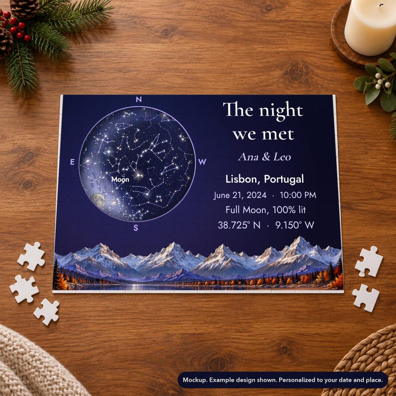Mockup of a 252-piece landscape jigsaw puzzle printed with a painted-horizon star map, in a holiday setting. Props not included.