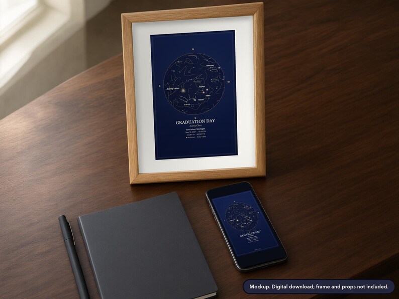 Star map print in a framed room scene, example design (mockup)