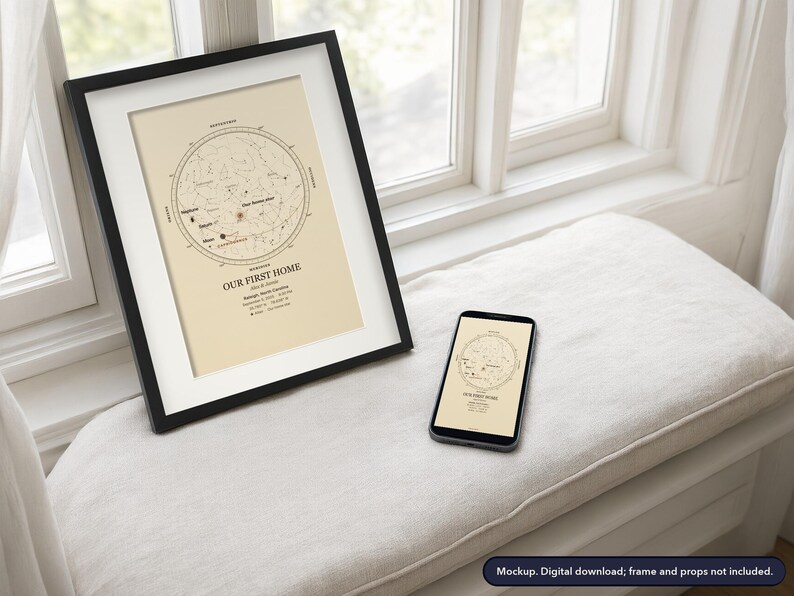Star map print in a framed room scene, example design (mockup)