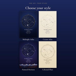 Choose your style: Midnight Atlas, Cream Atlas, Painted Horizon and Celestial Plate, one sky shown four ways (example designs)
