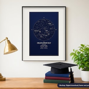 Framed star map print on a bedroom wall, example design (mockup; frame and props not included)