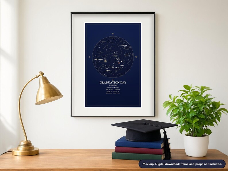 Framed star map print on a bedroom wall, example design (mockup; frame and props not included)