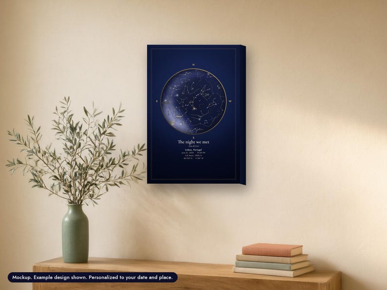 Canvas star map print, Midnight Atlas look, 12 x 18 in, example design (mockup)