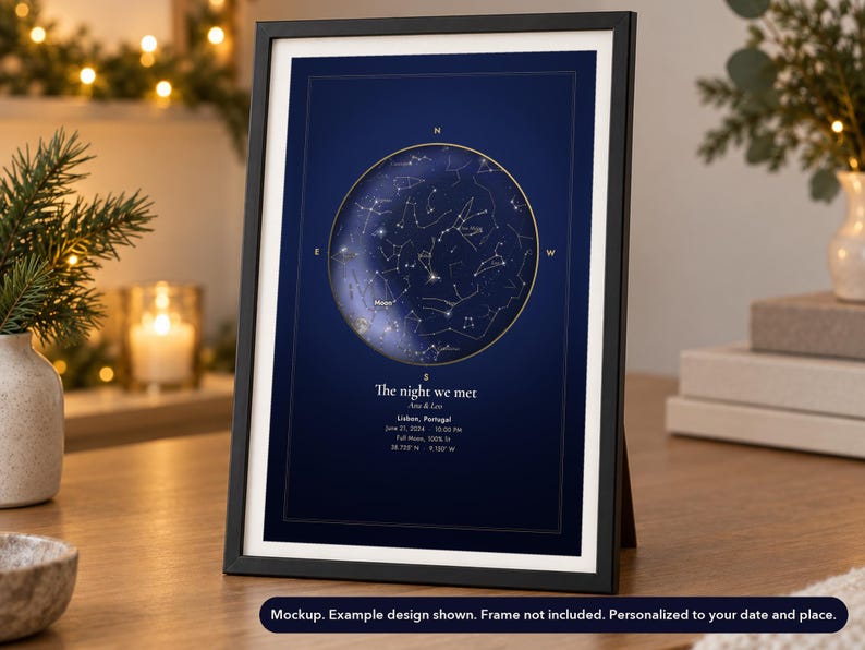 Landscape view of the star map poster mockup in a holiday setting. Frame not included.