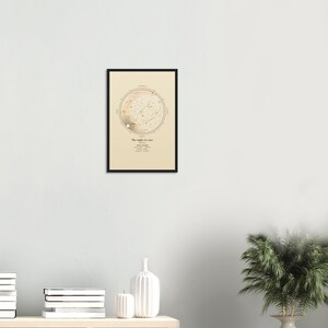 Mockup of the framed 12x18 star map print on a living room wall above a shelf. Frame shown; room props not included.