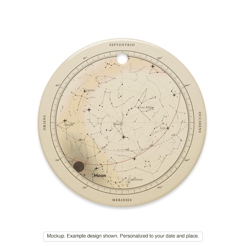 Printful mockup of the round ceramic star map ornament, front view with the hanging hole. Example design shown.