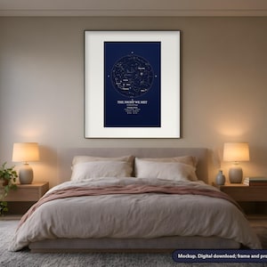 The Night We Met star map in a frame on a bedroom wall, a personalized night sky for your date and place (example design; digital download, frame and props not included)