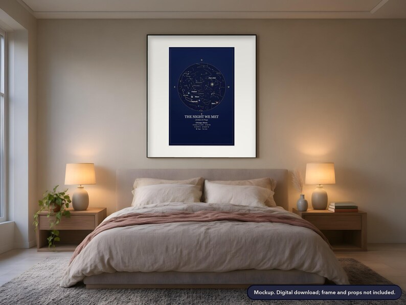 The Night We Met star map in a frame on a bedroom wall, a personalized night sky for your date and place (example design; digital download, frame and props not included)