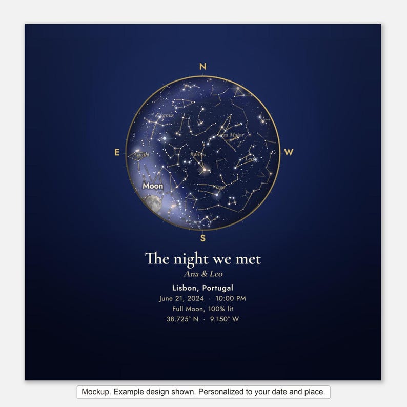 Aluminum star map print, unframed, example design with a date, place and names (mockup)