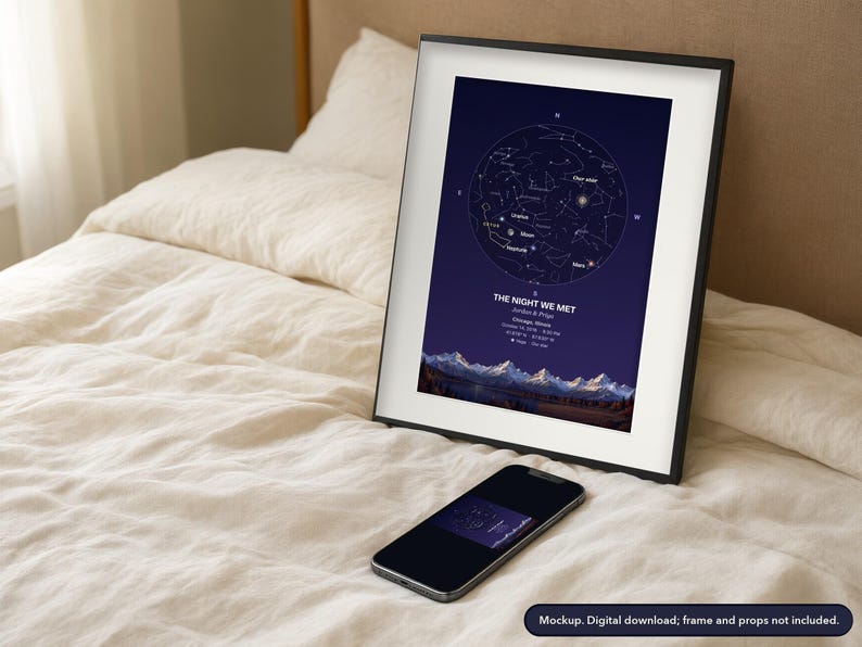 Star map print in a framed room scene, example design (mockup)