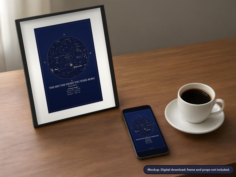 Puede incluir: Un mapa estelar enmarcado con fondo azul oscuro, constelaciones blancas, un gr&aacute;fico circular de estrellas y el texto THE SKY THE NIGHT YOU WERE BORN, junto con detalles de ubicaci&oacute;n y fecha, junto a un tel&eacute;fono inteligente y una taza.