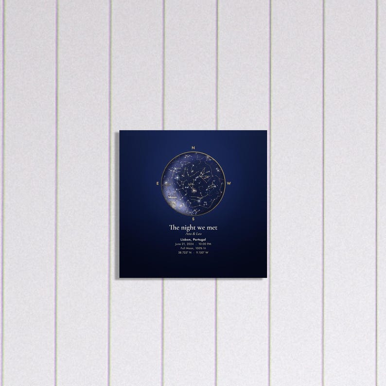 Aluminum star map print in a bedroom scene (digitally created room)