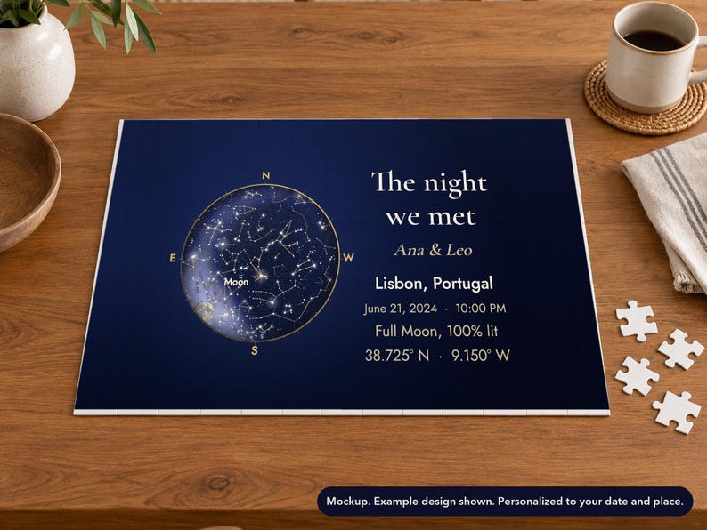 Landscape view of the star map jigsaw puzzle mockup on a table. Props not included.