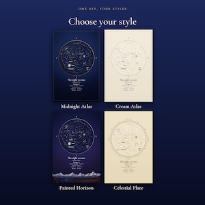 Choose your style: Midnight Atlas, Cream Atlas, Painted Horizon and Celestial Plate, one sky shown four ways (example designs)