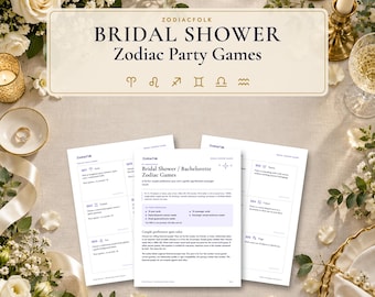 Juego imprimible para despedida de soltera con temática del zodíaco, cuestionario para parejas y tarjetas de búsqueda de signos del zodíaco, en formato PDF tamaño carta y A4.