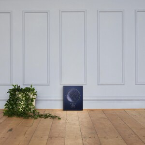 Mockup of a personalized star map canvas leaning against a panelled wall. Props are not included.