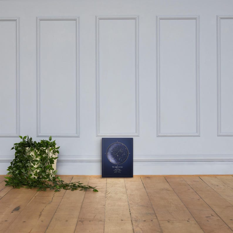 Mockup of a personalized star map canvas leaning against a panelled wall. Props are not included.