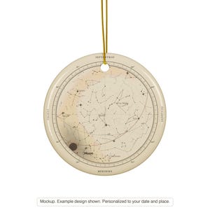 Printful mockup of the round ceramic star map ornament with a gold cord. Example design shown, personalized to your date and place.