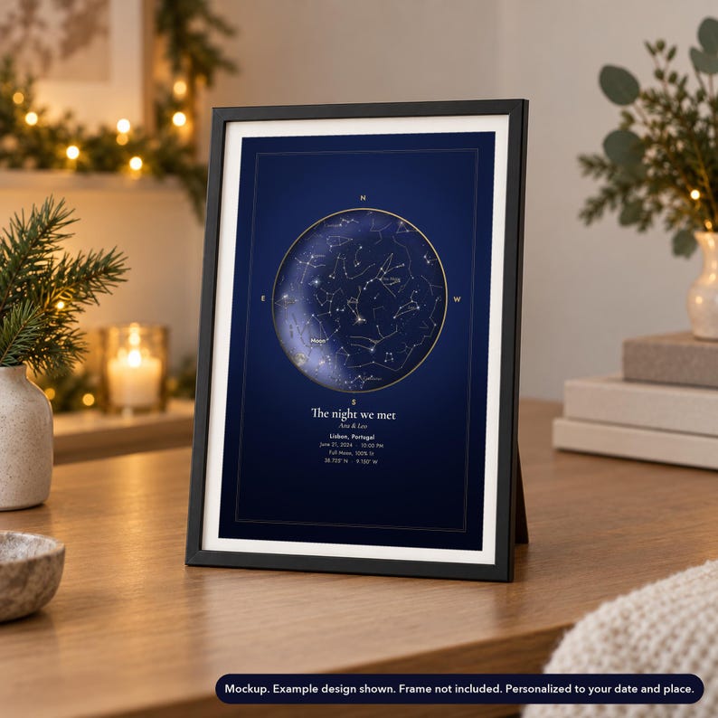 Mockup of a personalized star map poster shown in a black frame in a holiday setting. Frame not included.