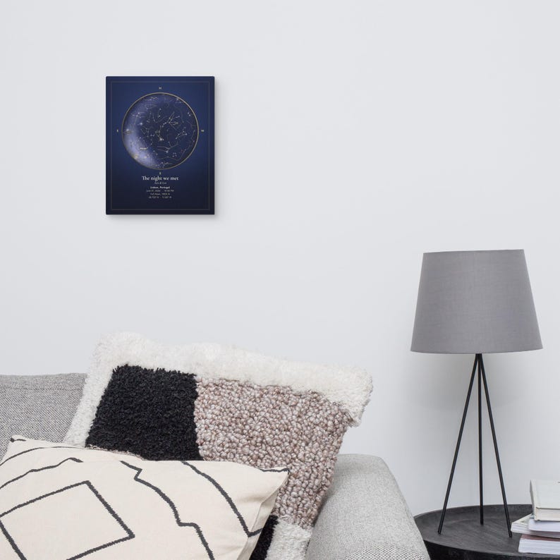 Mockup of a personalized star map canvas in a living room. Props are not included.