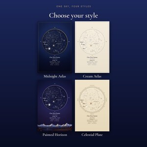Choose your style: Midnight Atlas, Cream Atlas, Painted Horizon and Celestial Plate, one sky shown four ways (example designs)