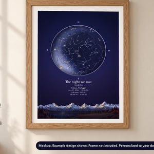 Landscape view of the painted-horizon star map poster mockup in a winter setting. Frame not included.