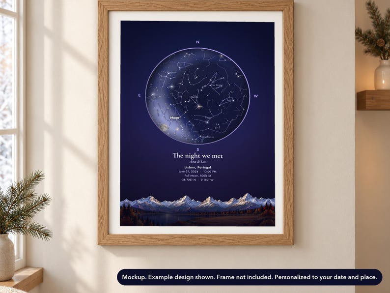 Landscape view of the painted-horizon star map poster mockup in a winter setting. Frame not included.