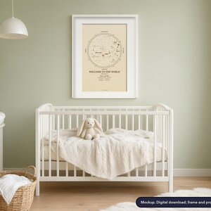 Framed star map print on a bedroom wall, example design (mockup; frame and props not included)