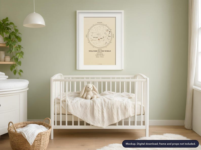 Framed star map print on a bedroom wall, example design (mockup; frame and props not included)