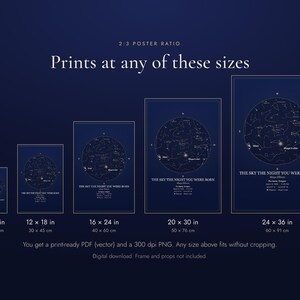 Puede incluir: Un dise&ntilde;o de p&oacute;ster de mapa estelar digital en azul oscuro con constelaciones blancas. El texto dice: THE SKY THE NIGHT YOU WERE BORN. Se muestran cinco tama&ntilde;os con dimensiones de 20 x 30 cm a 60 x 91 cm, con una relaci&oacute;n de aspecto de 2:3.