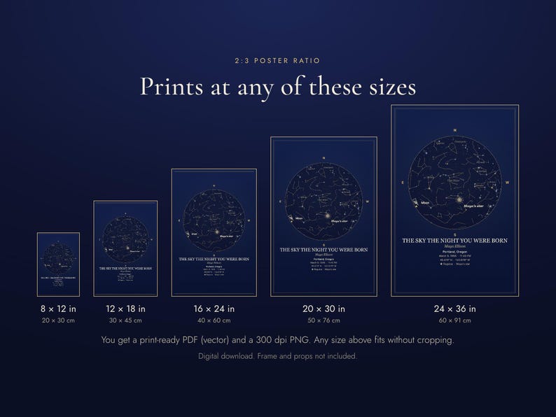 Puede incluir: Un dise&ntilde;o de p&oacute;ster de mapa estelar digital en azul oscuro con constelaciones blancas. El texto dice: THE SKY THE NIGHT YOU WERE BORN. Se muestran cinco tama&ntilde;os con dimensiones de 20 x 30 cm a 60 x 91 cm, con una relaci&oacute;n de aspecto de 2:3.