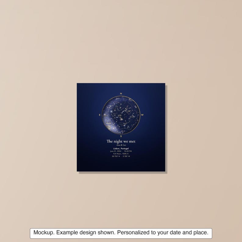 Aluminum star map print on a wall, example design (mockup, digitally created room)
