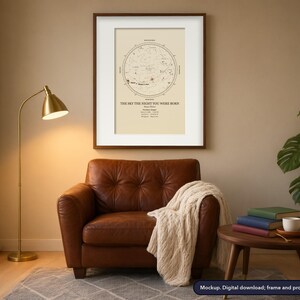 Puede incluir: Un mapa estelar enmarcado que presenta una carta celeste circular sobre un fondo crema con el texto THE SKY THE NIGHT YOU WERE BORN, junto con detalles espec&iacute;ficos de fecha, hora y ubicaci&oacute;n impresos en tinta negra en un marco de madera oscura.