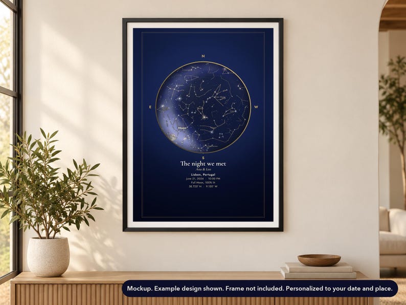 Landscape view of the star map poster mockup on a wall. Frame not included.