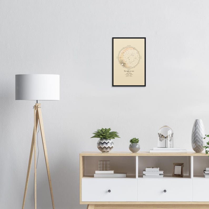 Mockup of the framed 12x18 star map print on a living room wall above a console. Room props not included.