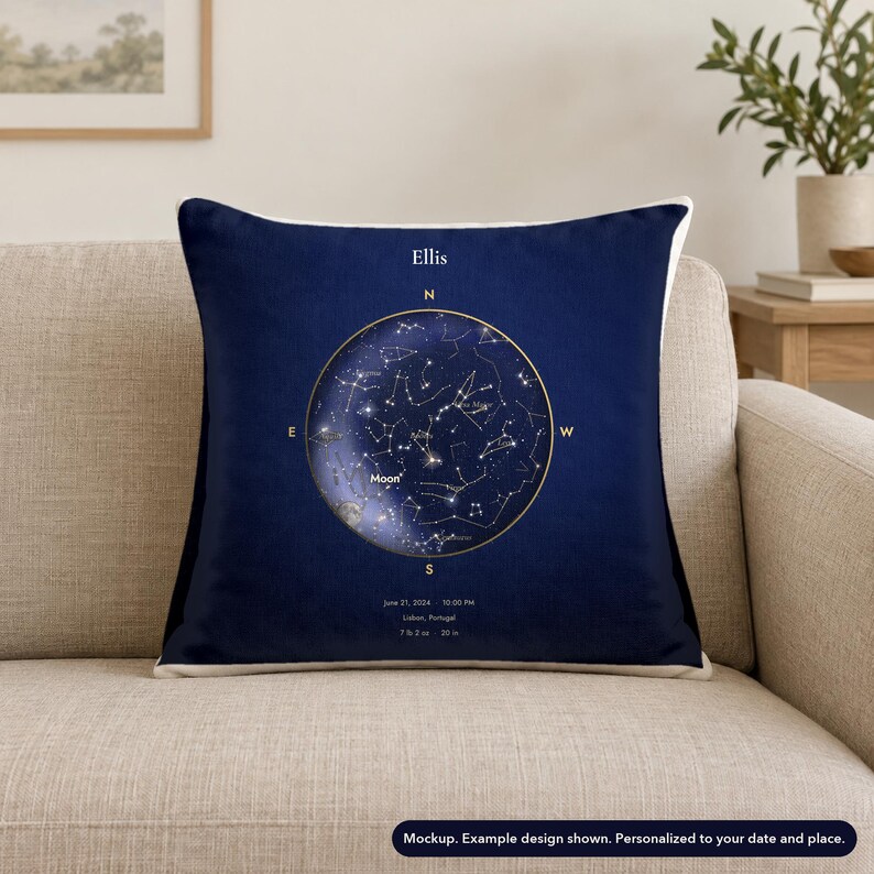 Mockup of a personalized star map pillow cover on a sofa. Example design shown. Sofa and styling are props and are not included.
