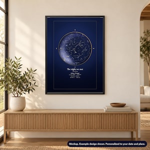 Mockup of a personalized framed 12x18 star map print in a black frame on a wall. Frame and room are props and are not included.