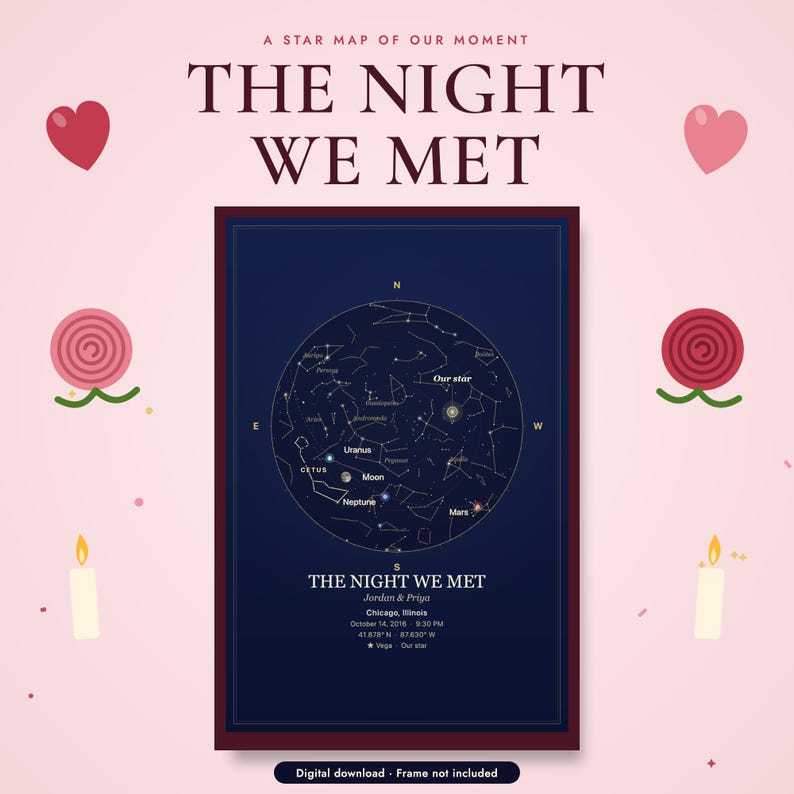 The Night We Met star map poster, example design with names, date and place (digital download)