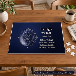 Mockup of a 252-piece landscape jigsaw puzzle printed with a personalized star map, on a table with a mug and loose pieces. Props not included.