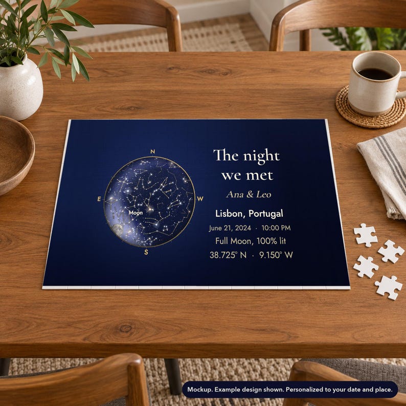 Mockup of a 252-piece landscape jigsaw puzzle printed with a personalized star map, on a table with a mug and loose pieces. Props not included.