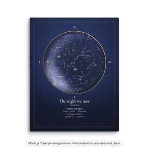 Mockup of a personalized star map canvas on a wall. Example design shown; your canvas uses your date and place. Props not included.