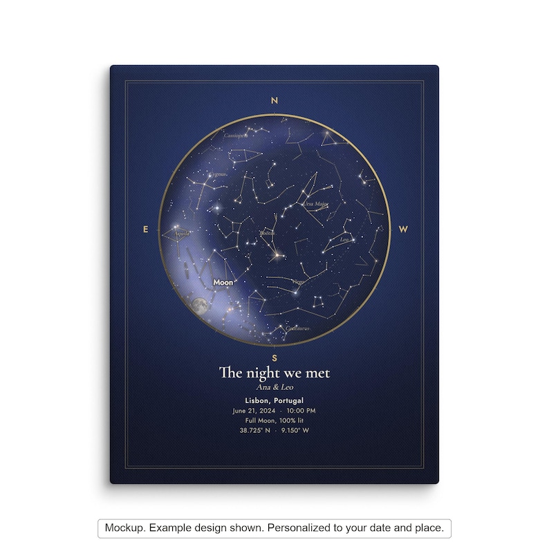 Mockup of a personalized star map canvas on a wall. Example design shown; your canvas uses your date and place. Props not included.