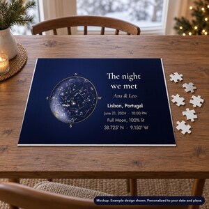 Mockup of a 252-piece landscape jigsaw puzzle printed with a personalized star map, in a winter setting. Props not included.