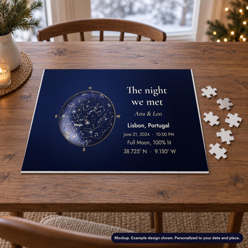 Mockup of a 252-piece landscape jigsaw puzzle printed with a personalized star map, in a winter setting. Props not included.