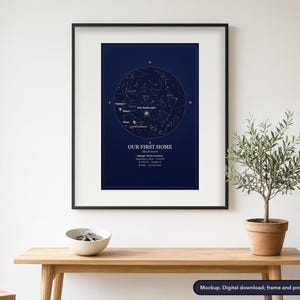 Framed star map print on a bedroom wall, example design (mockup; frame and props not included)