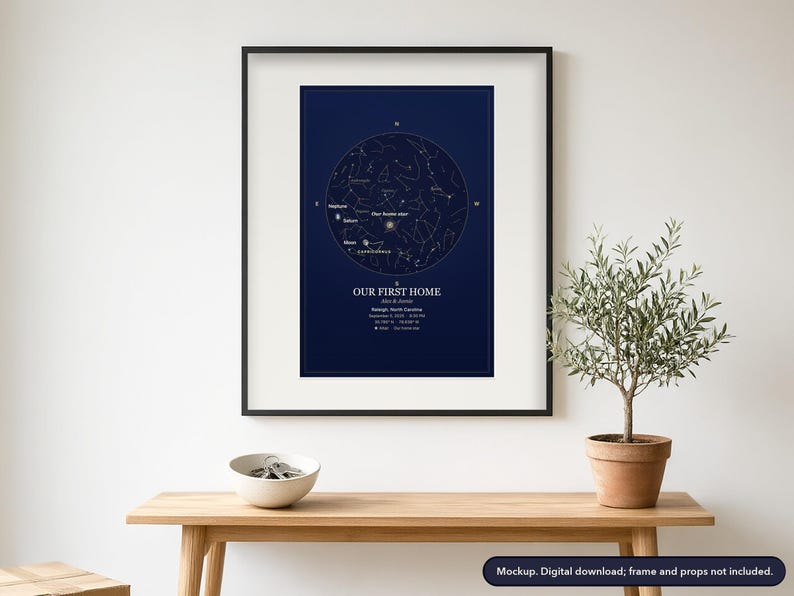 Framed star map print on a bedroom wall, example design (mockup; frame and props not included)