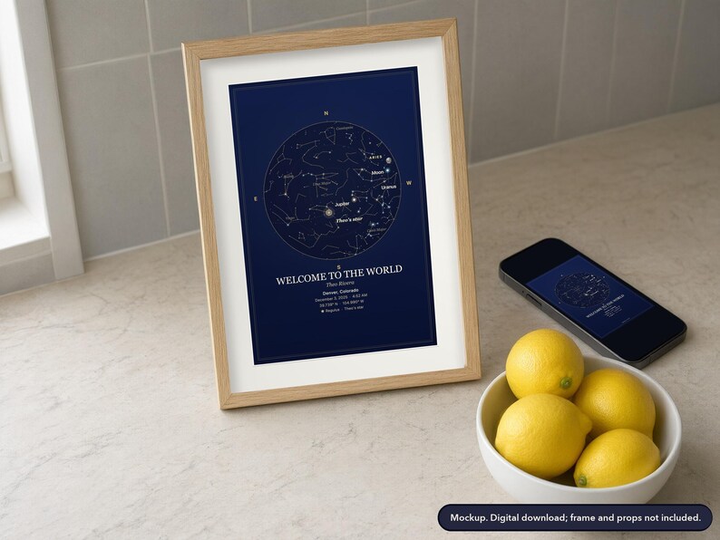 Star map print in a framed room scene, example design (mockup)