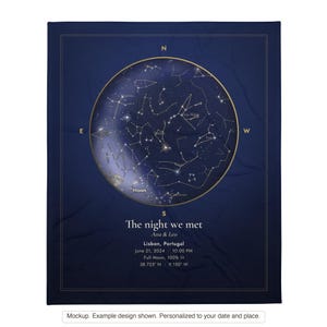 Printful mockup of the 50x60 throw blanket printed with a personalized star map. Example design shown, personalized to your date and place.