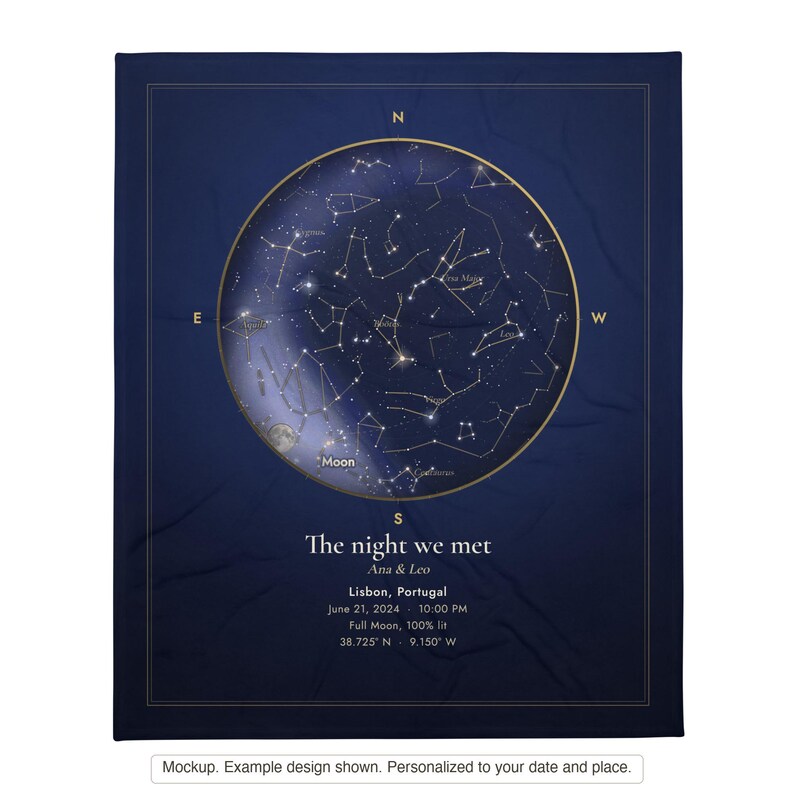 Printful mockup of the 50x60 throw blanket printed with a personalized star map. Example design shown, personalized to your date and place.