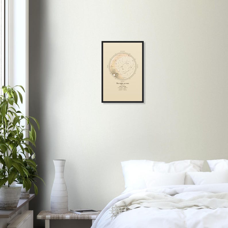 Mockup of the framed 12x18 star map print on a bedroom wall beside a window. Room props not included.